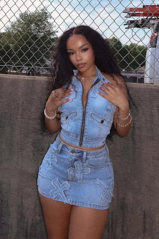 Ruffles Jeans Skirt Outfit Set Sexy Women Halter Elegant Two Pieces Denim Club Matching Set Top+Mini Skirt