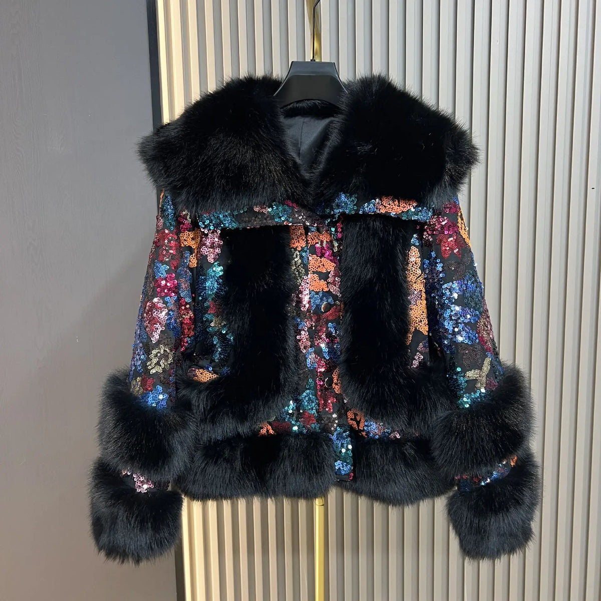 Purple Sequined Faux Fur Coat