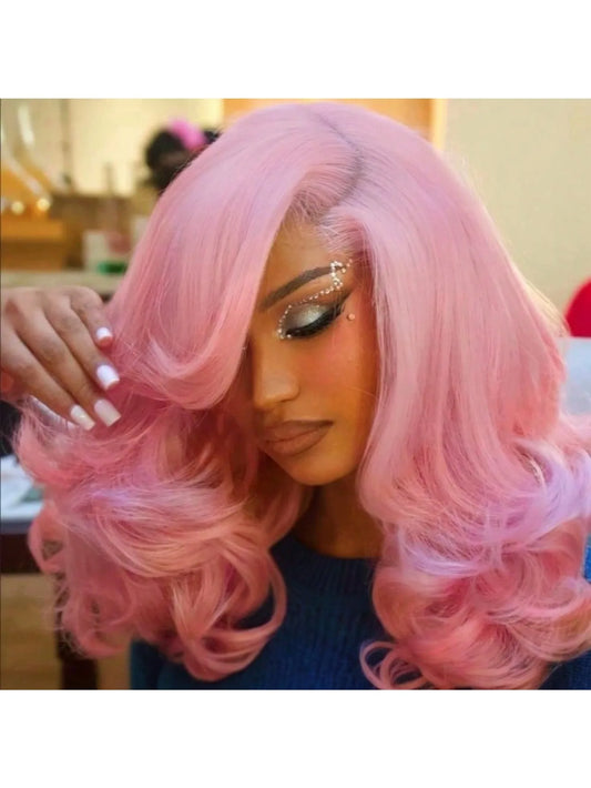 Short Light Pink Body Wave Lace Front Human Hair Wig for Women