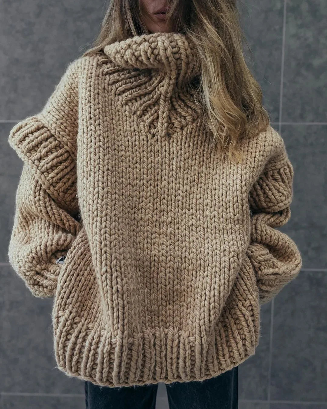 Oversized Knit Turtleneck Sweater With Lantern Sleeves For Women
