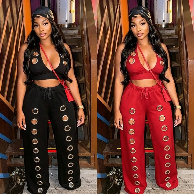 Streetwear Inspired Hollow Out Halter Backless Two Piece Set for Women