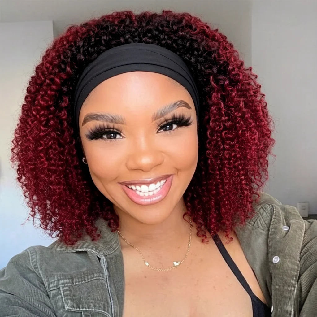 Burgundy Ombre Kinky Curly Human Hair Headband Wig for Women