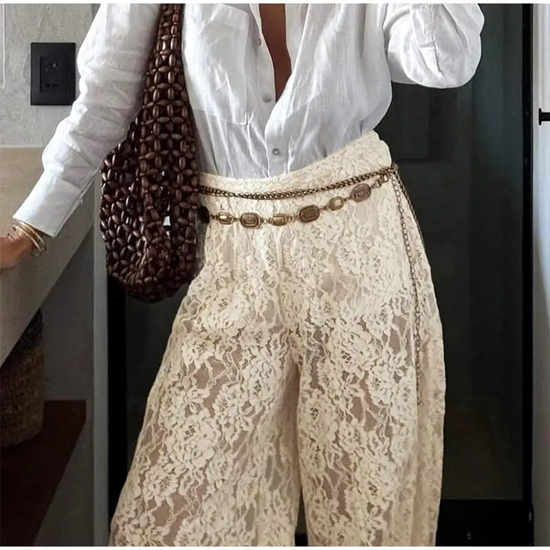 Bohemian Lace Trim Elastic Waist Lounge Pants for Women
