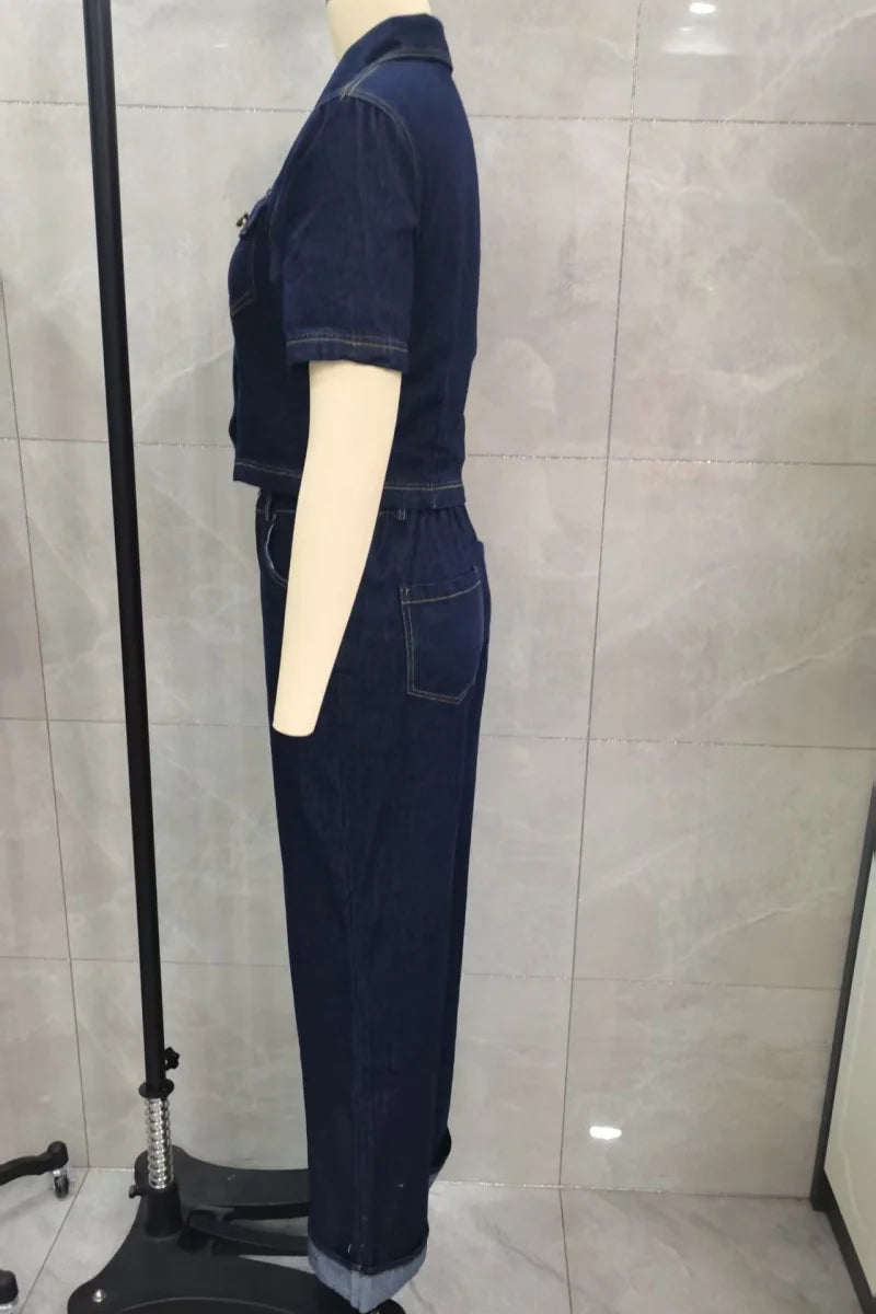 Short Sleeve Denim Two Piece Set With Straight Leg Jeans for Women