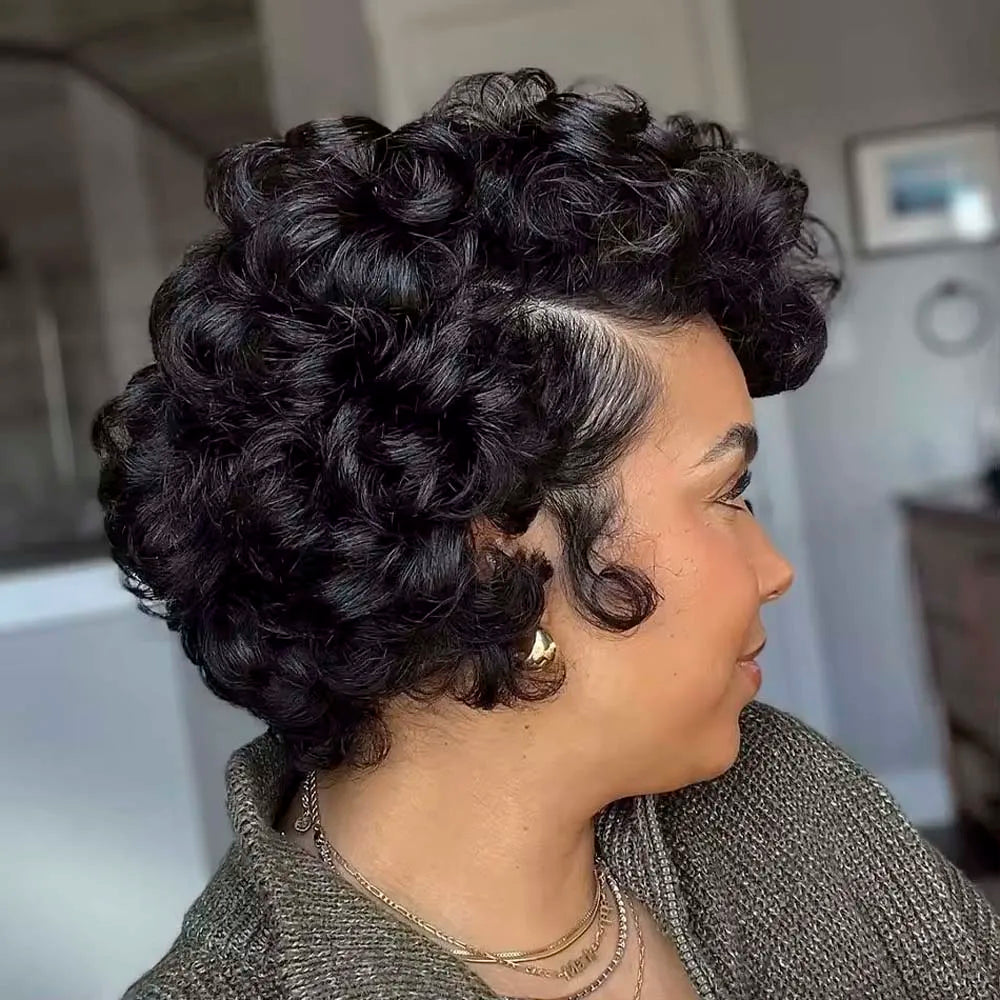 Short Curly Pixie Lace Front Human Hair Wig for Women