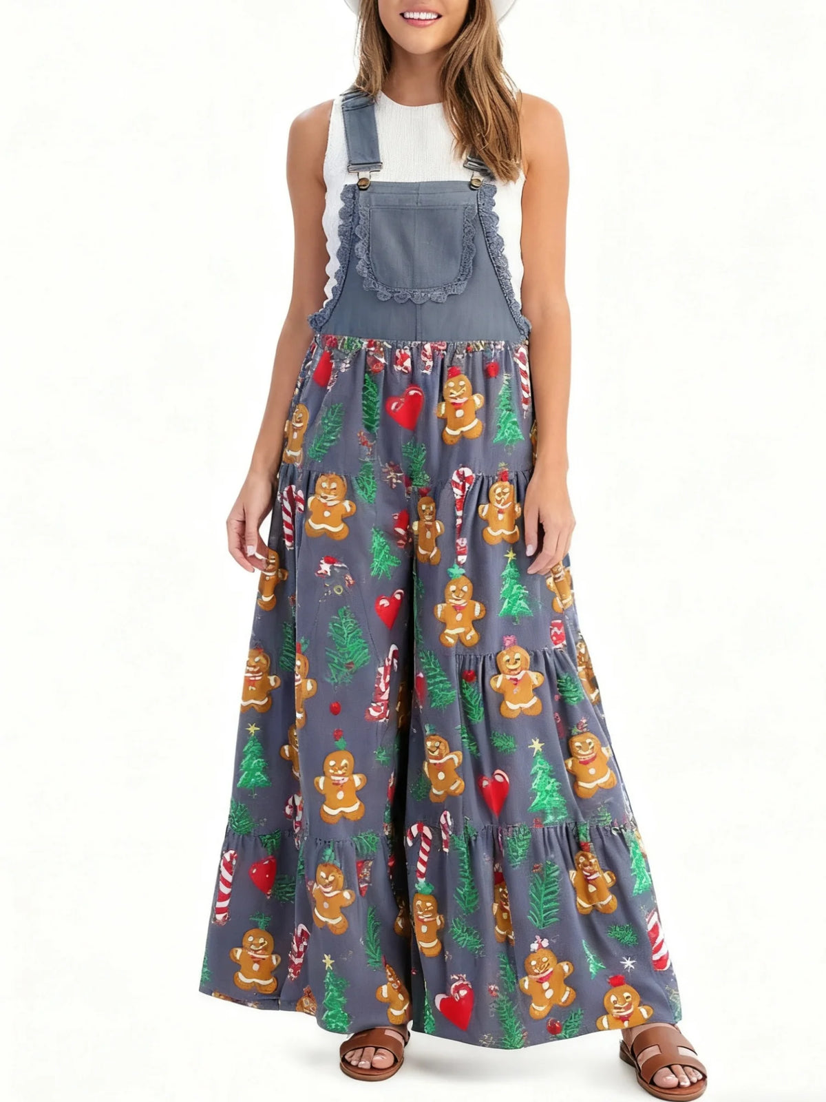 Christmas Print Wide Leg Lace Patchwork Jumpsuit for Women