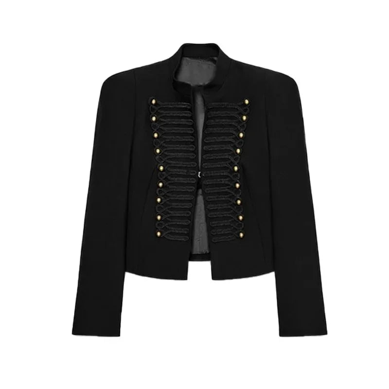 Chic Shoulder Padded Stand Collar Full Sleeve Blazer for Women