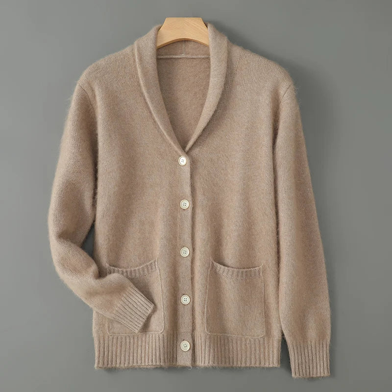 Warm Winter Wool Knit V-Neck Pocket Cardigan for Women