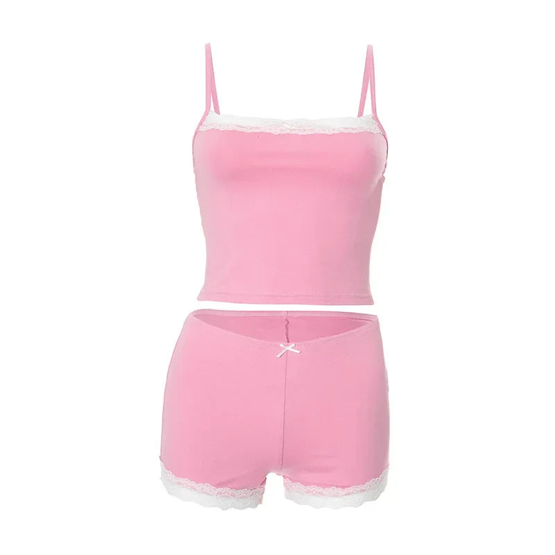 Fashion Lace Sexy Women's Shorts Summer 2025 New 2 Piece Streetwear Casual Slim Club Party Suit Solid Bow Lady Sports Clothing