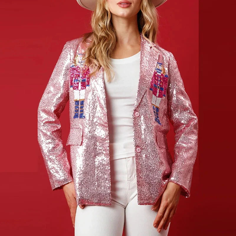 Long Sleeve Sequin Shimmer Blazer Jacket for Women