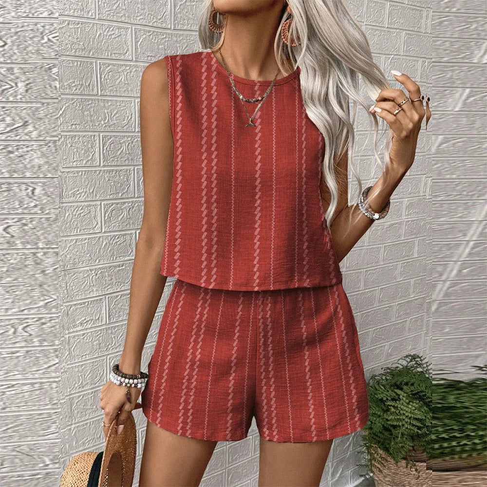 Vertical Striped Crop Top And Shorts Two Piece Set for Women