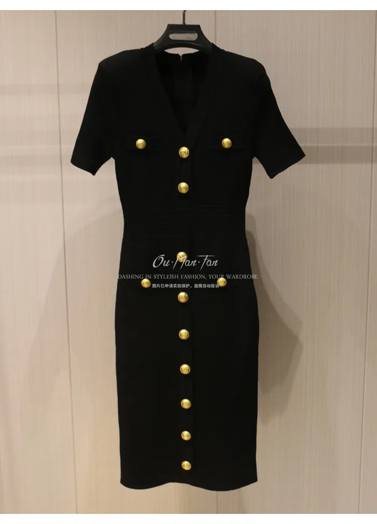 2026 Summer Fashion V-neck Metallic Buckle Knit Bodycon Midi Dress Women's Commute Slim Fit Elegant Short Sleeve Dresses
