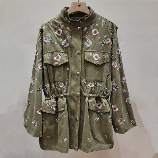 YEAE autumn fashion heavy industry flower embroidered trench coat women's stand-up collar loose drawstring waist trench coat