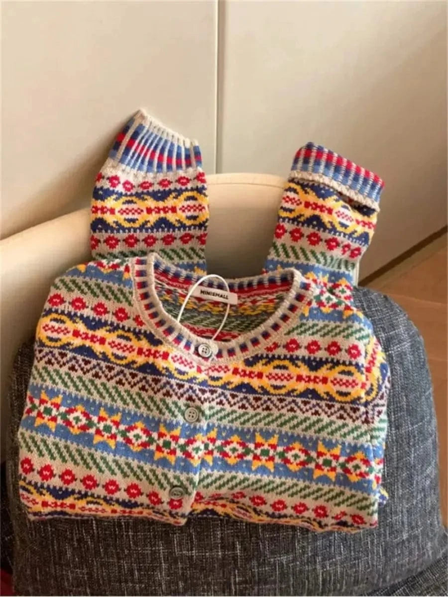 Korean ethnic style colorful floral sweater women's autumn and winter new knitted cardigan paired with casual top cardigan