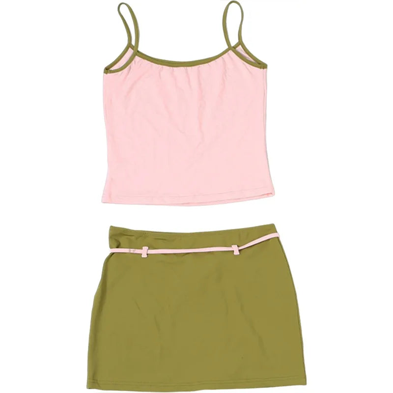 Color Blocking Two Piece Set Backless Camisole And Tassel Skirt for Women