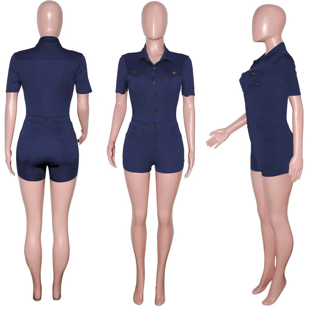 Summer V Neck Mesh Cargo Short Jumpsuit for Women