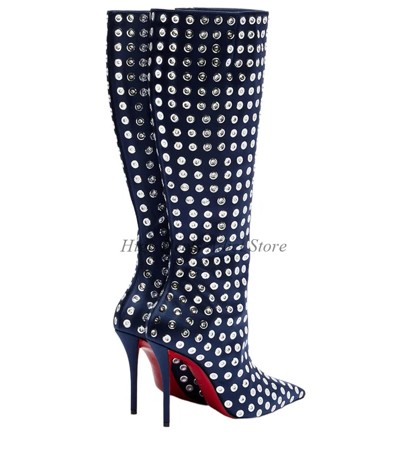 Deep Blue Studded Leather Knee High Boots for Women