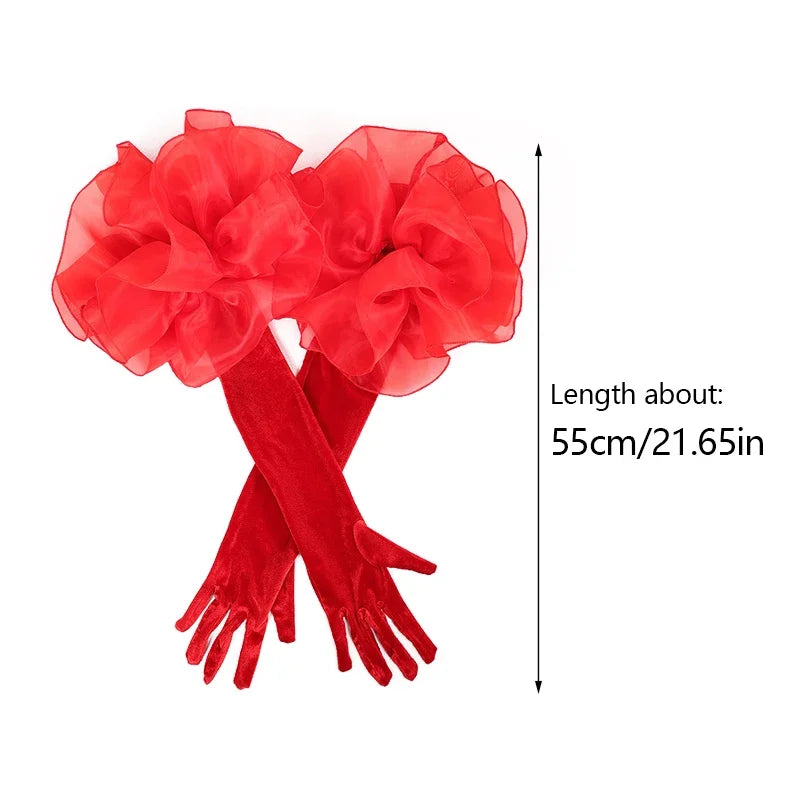 Elegant Velvet Elbow Length Ruffle Gloves for Women
