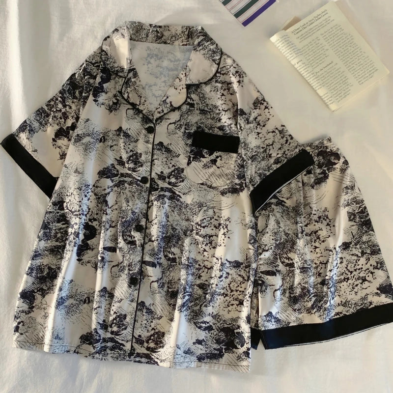 Chinese Elegant Ink and Wash Painting Women's Pajamas Ancient Style Classical Flavor Sleepwear 2024 New Summer Fashion Nightgown