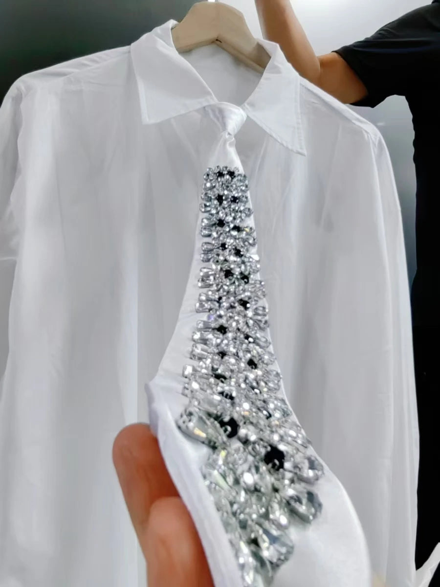 Relaxed Fit Diamond Embellished Long Sleeve Cotton Shirt for Women
