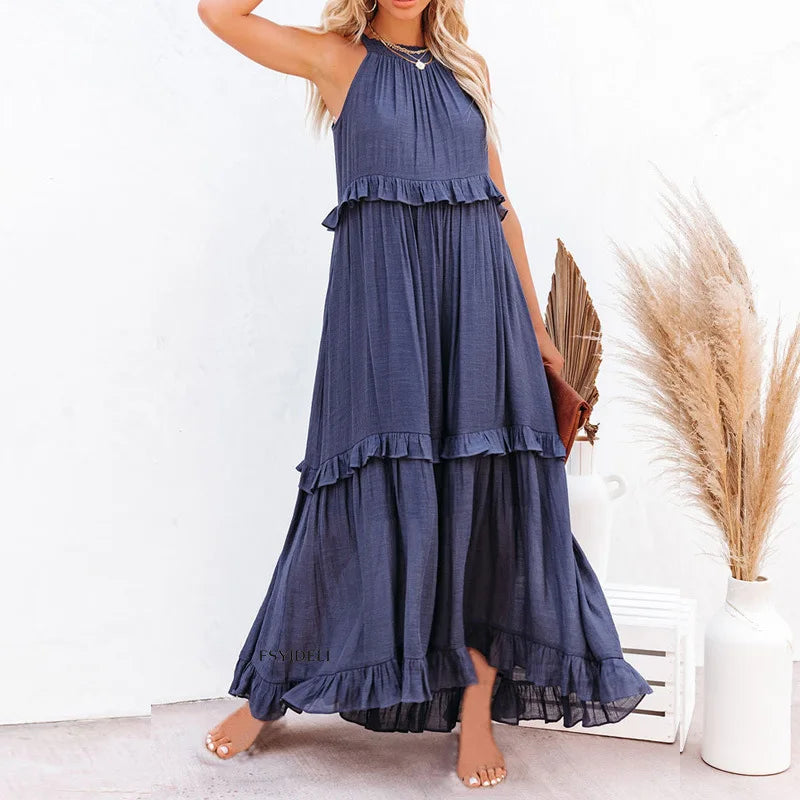 Solid Ruffled Sleeveless Maxi Sundress for Women