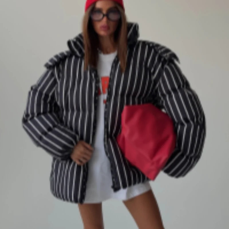 Striped Cotton Quilted Coat Single Breasted for Women