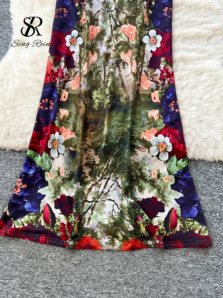 Vintage Floral Print Long Sleeve Maxi Dress for Women
