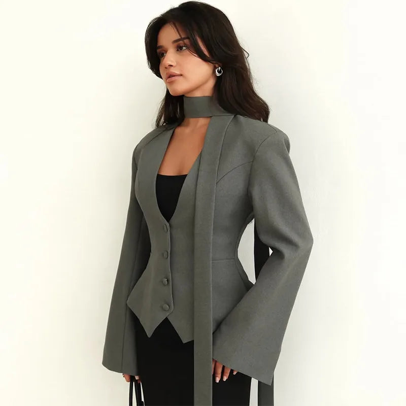 Elegant V Neck Long Sleeve Blazer Jacket for Women
