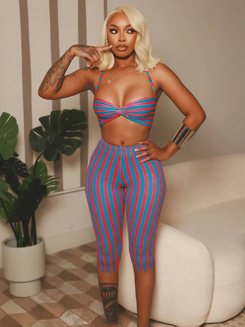 Weird Puss Sexy Stripe Patchwork 2-Piece Set Women Halter Chest Wrapped Camisole+Skinny Mid Pants Matching Hottie Beach Outfits