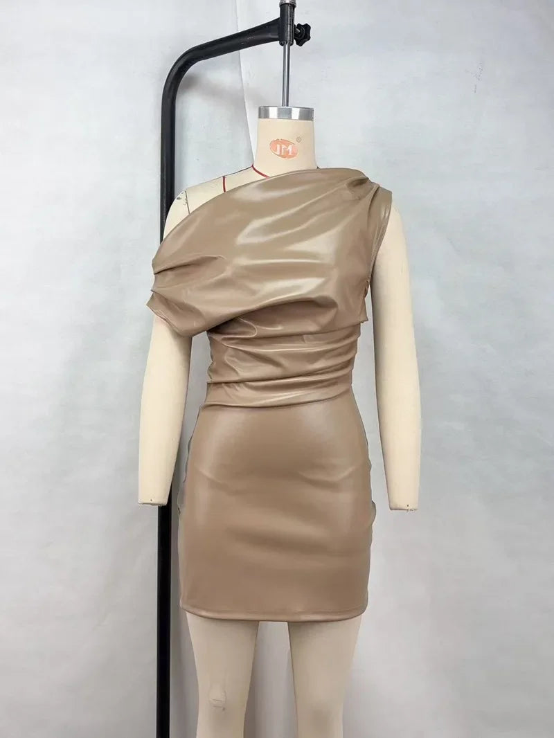 Elegant Inclined Shoulder Pu Leather Ruched Bodycon Mini Dress for Women