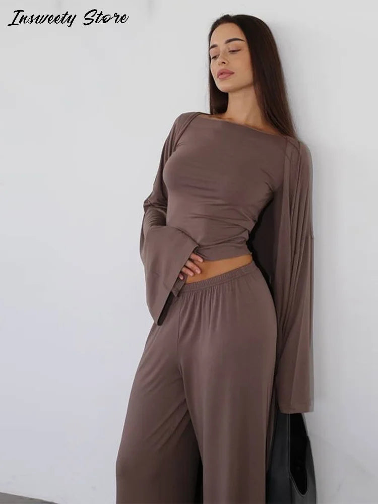 Casual Three Piece Shirt, Coat And Wide Leg Pants Set for Women