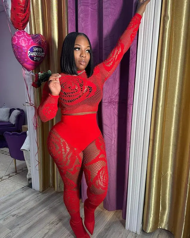 FAGADOER Sexy Lace 2 Piece Set Women Outfit Mesh See Though Long Sleeve Crop Top + Pants Suit Fashion Female Streetwear Overalls