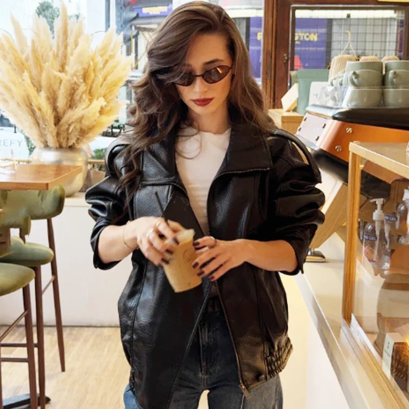 Cropped Oversized Black Leather Bomber Jacket for Women