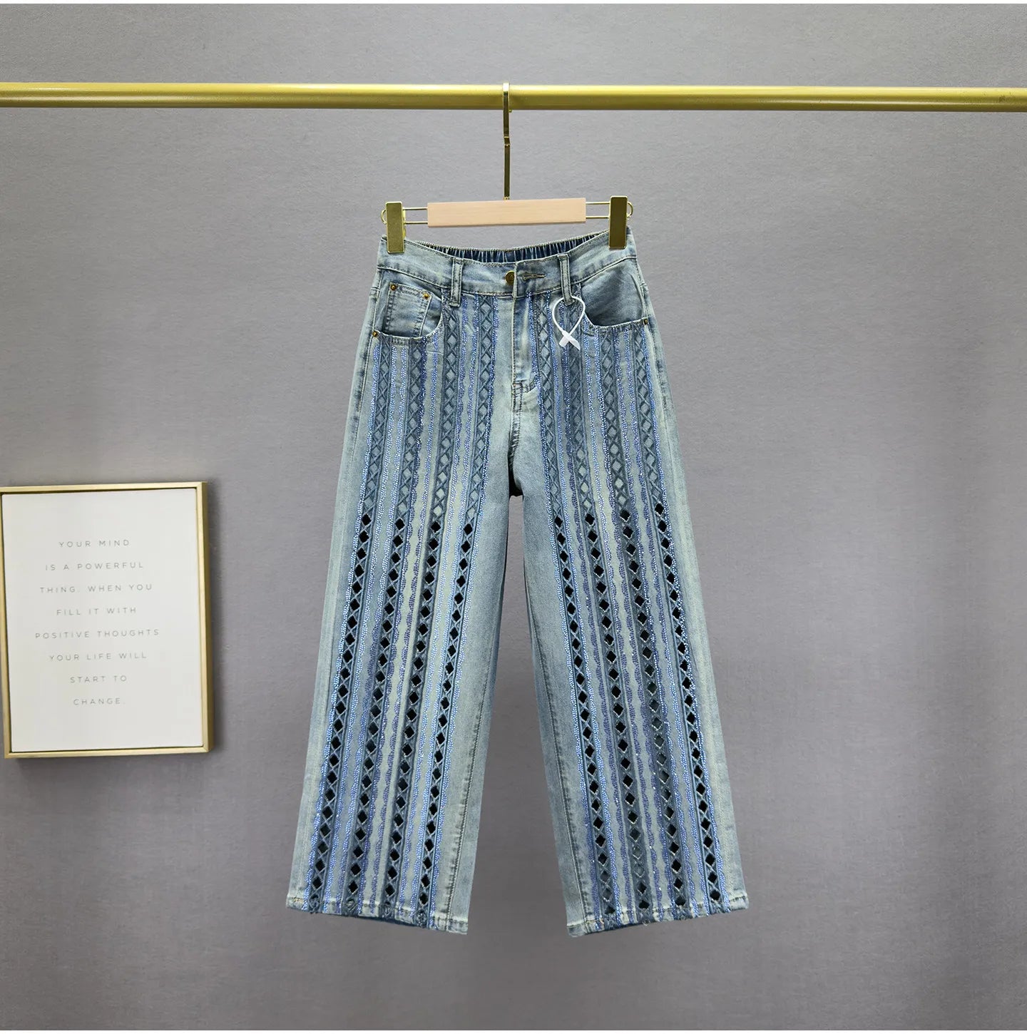 Heavy Cut Out Hot Diamond Jeans Women's Cropped Pants Summer New Fashion Thin High Waist Loose Slimming Straight-leg Pants