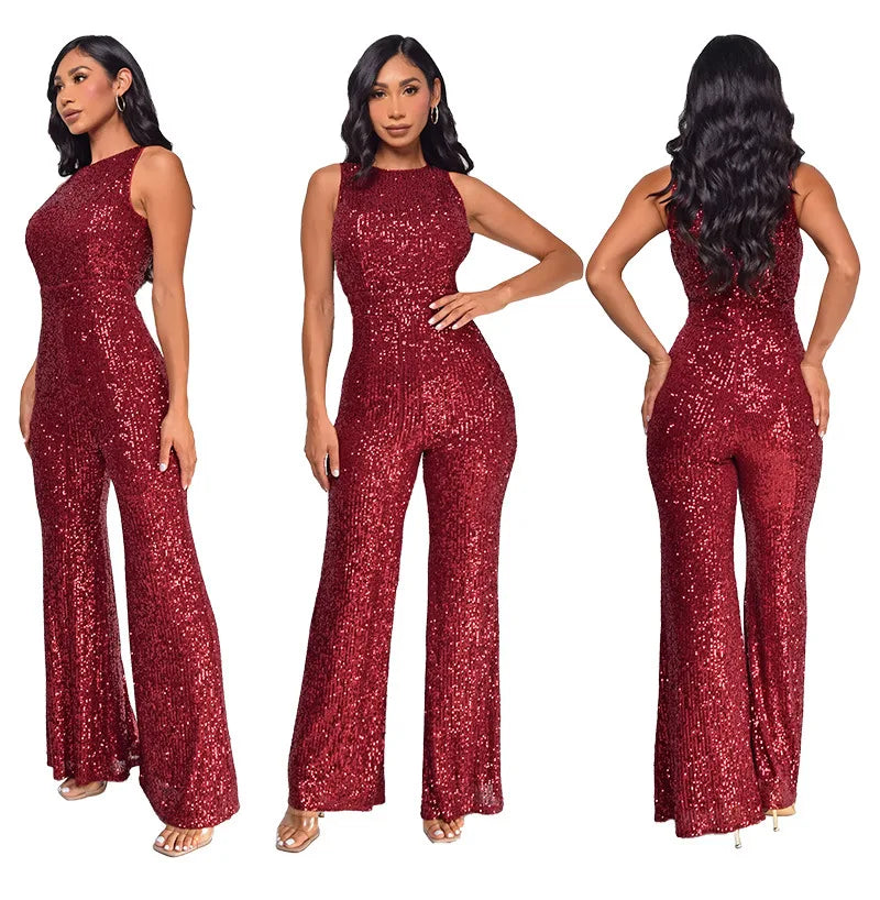 Elegant Silver Sequined Straight Cut Jumpsuit for Women