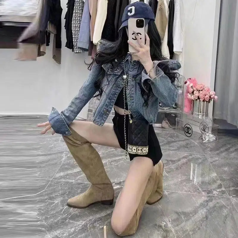 Vintage Inspired Turn Down Collar Cropped Denim Jacket for Women