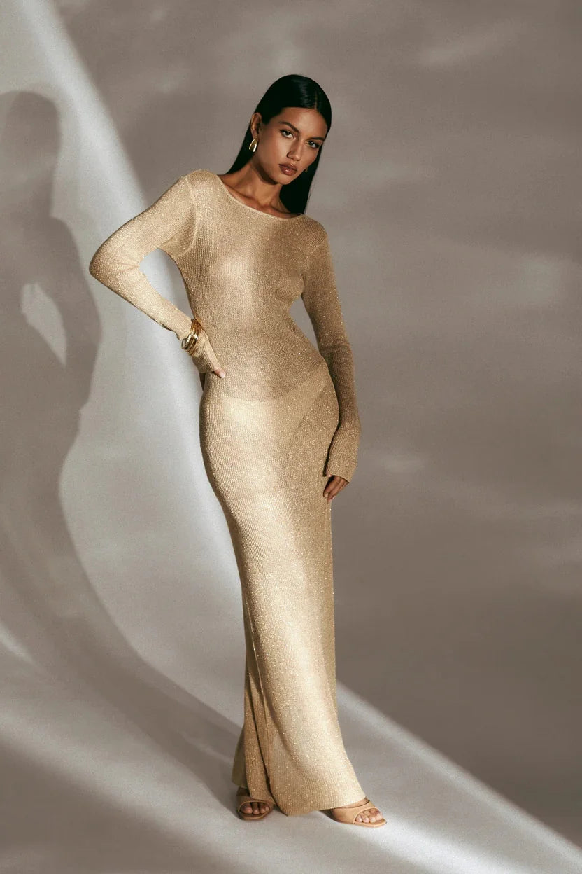 Sexy Knit Beach Swimsuit Cover Up 2025 Women Summer See-through Slim Backless Tassel Tie-up Long Sleeve Slit Gorgeous Dress K65