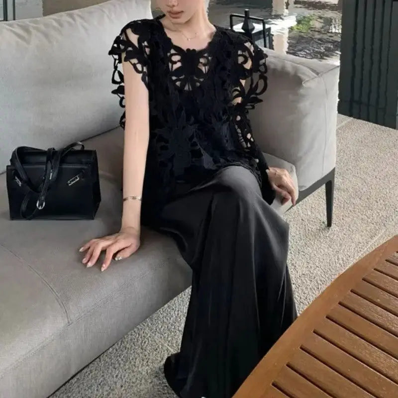 Embroidered Lace Loose Sleeveless Blouse for Women