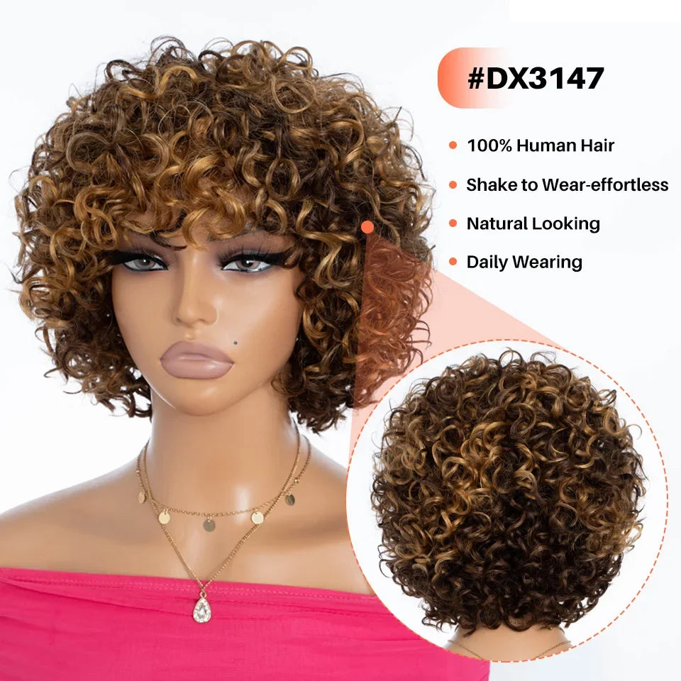 Short Kinky Curly Wig With Bangs And Mixed Highlights For Women