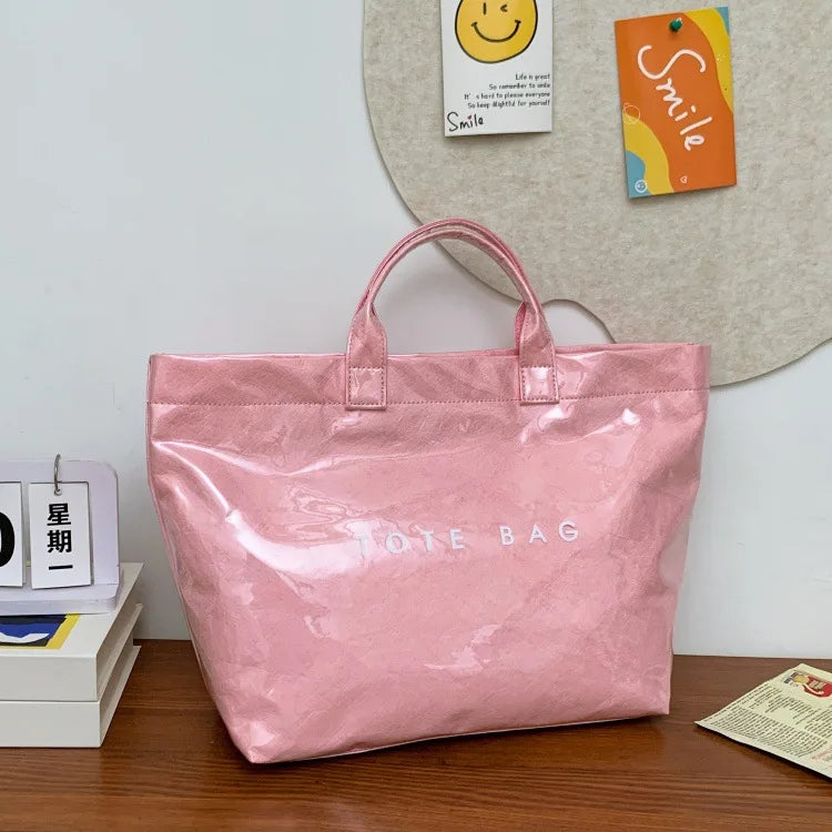 Kraft paper jelly waterproof bag, women's new retro commuting large capacity DuPont paper tote bag