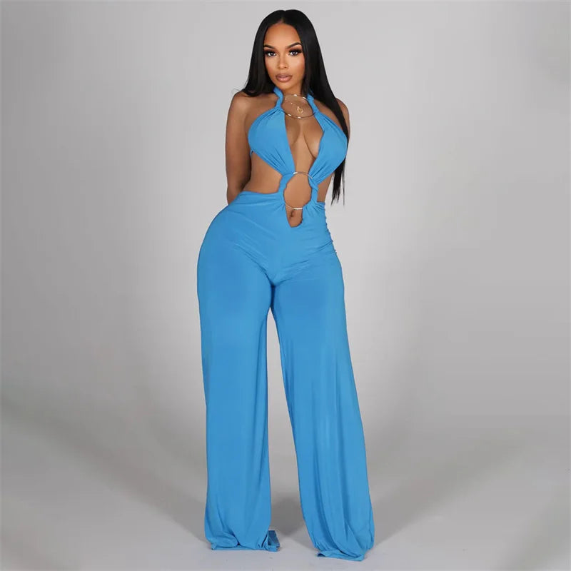 Metal Ring Bandage Hollow Out Halter Backless One Piece Jumpsuit for Women