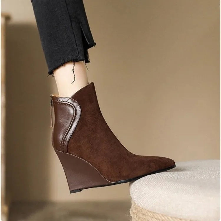 Vintage Pointed Toe Wedge Ankle Boots With Back Zipper For Women