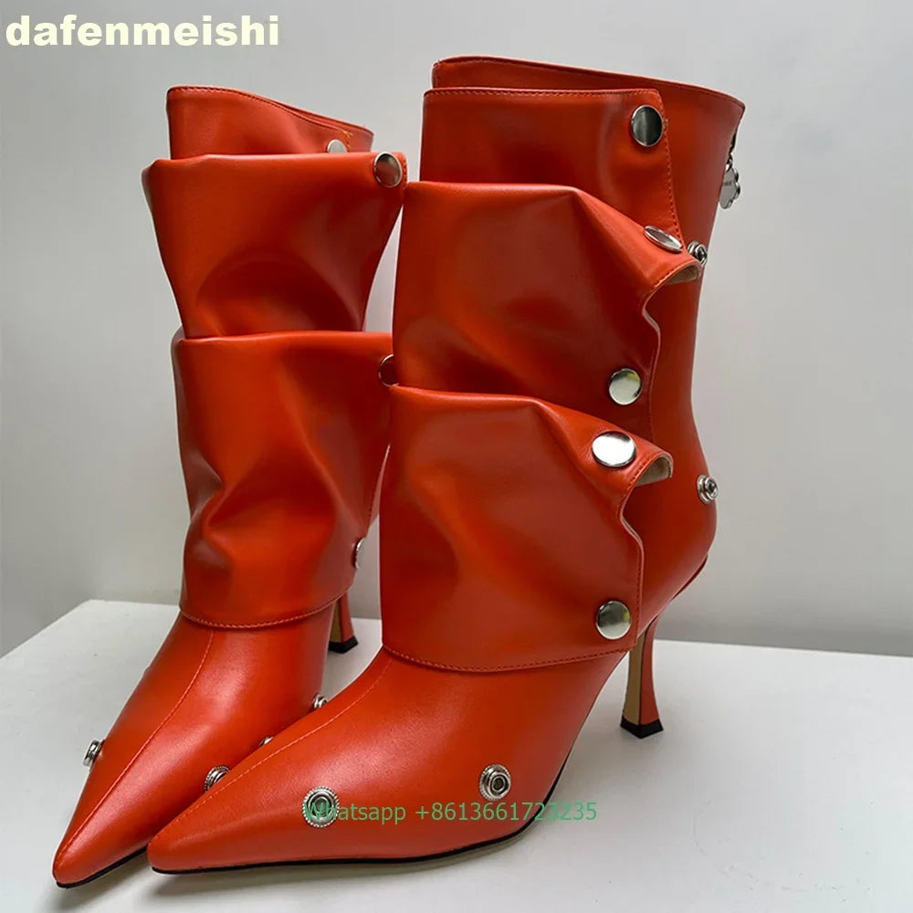 Pleated Stiletto Pointed Toe Leather Ankle Boots With Rivet Buckle For Women
