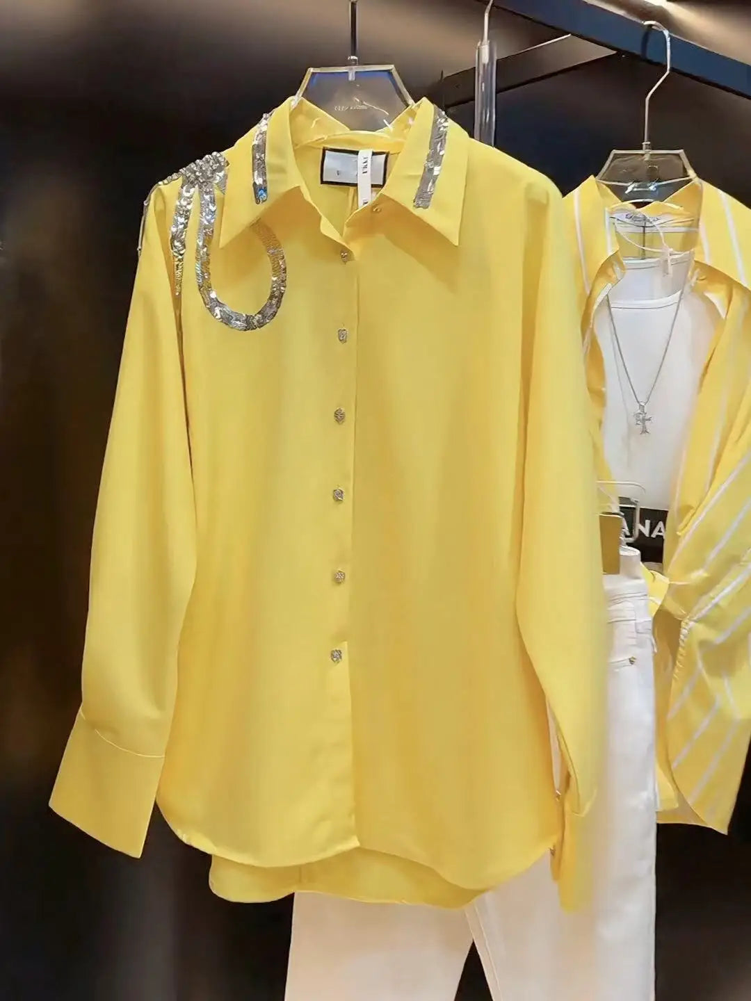Loose Fit Sequined Embroidered Yellow Blouse For Women