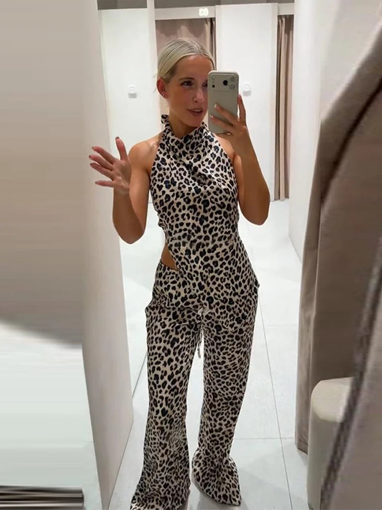 Leopard Print Halter Neck Top And High Waist Flare Pants Set For Women