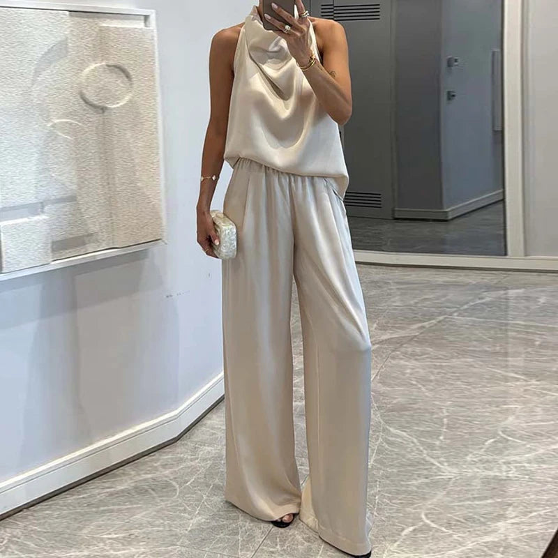 Pile Collar Sleeveless Top Wide Leg Pants 2CPS Sets, Women Summer Loose Elastic Waist Chic Outfit, Solid Patchwork Ladies Suits
