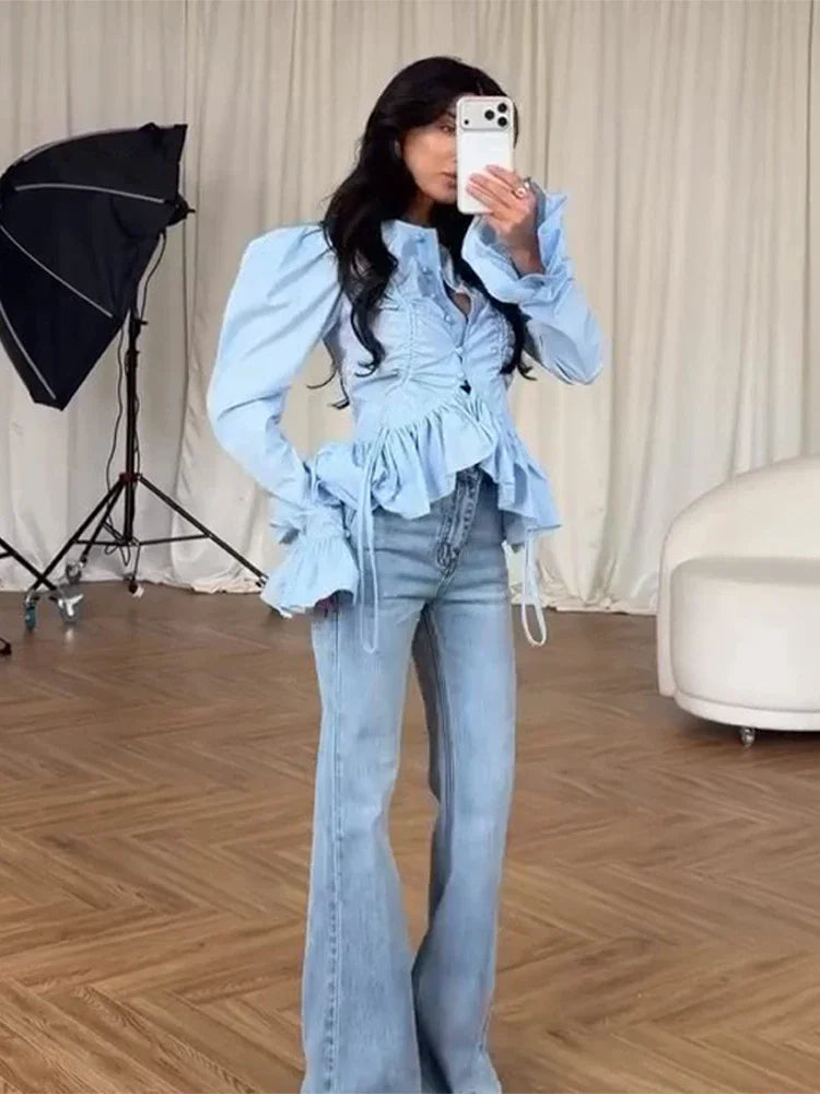 Chic Solid Ruffle Pleated Puff Sleeve Shirt for Women