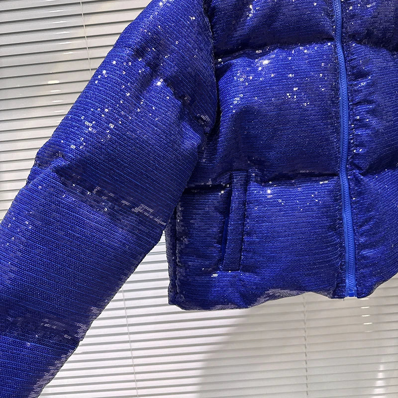 Shiny Sequin Stand Collar Padded Winter Jacket For Women