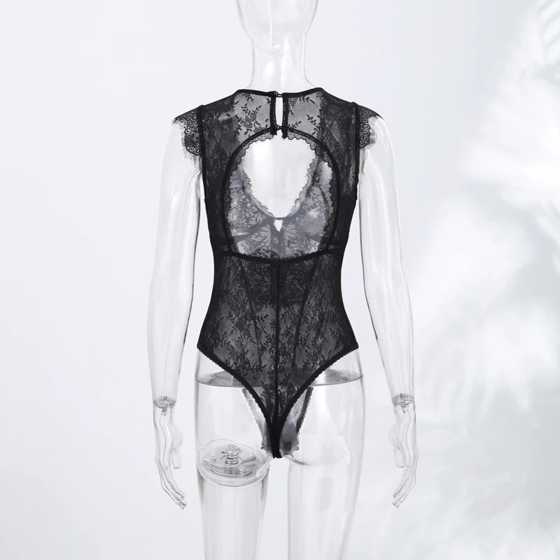 Black Backless Lace V Neck Sleeveless Bodysuit for Women