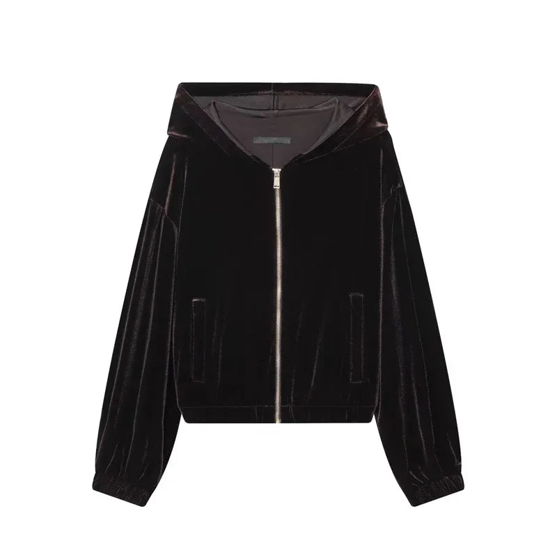 Chic Casual Velvet Hoodie Coat and Pants Set for Women